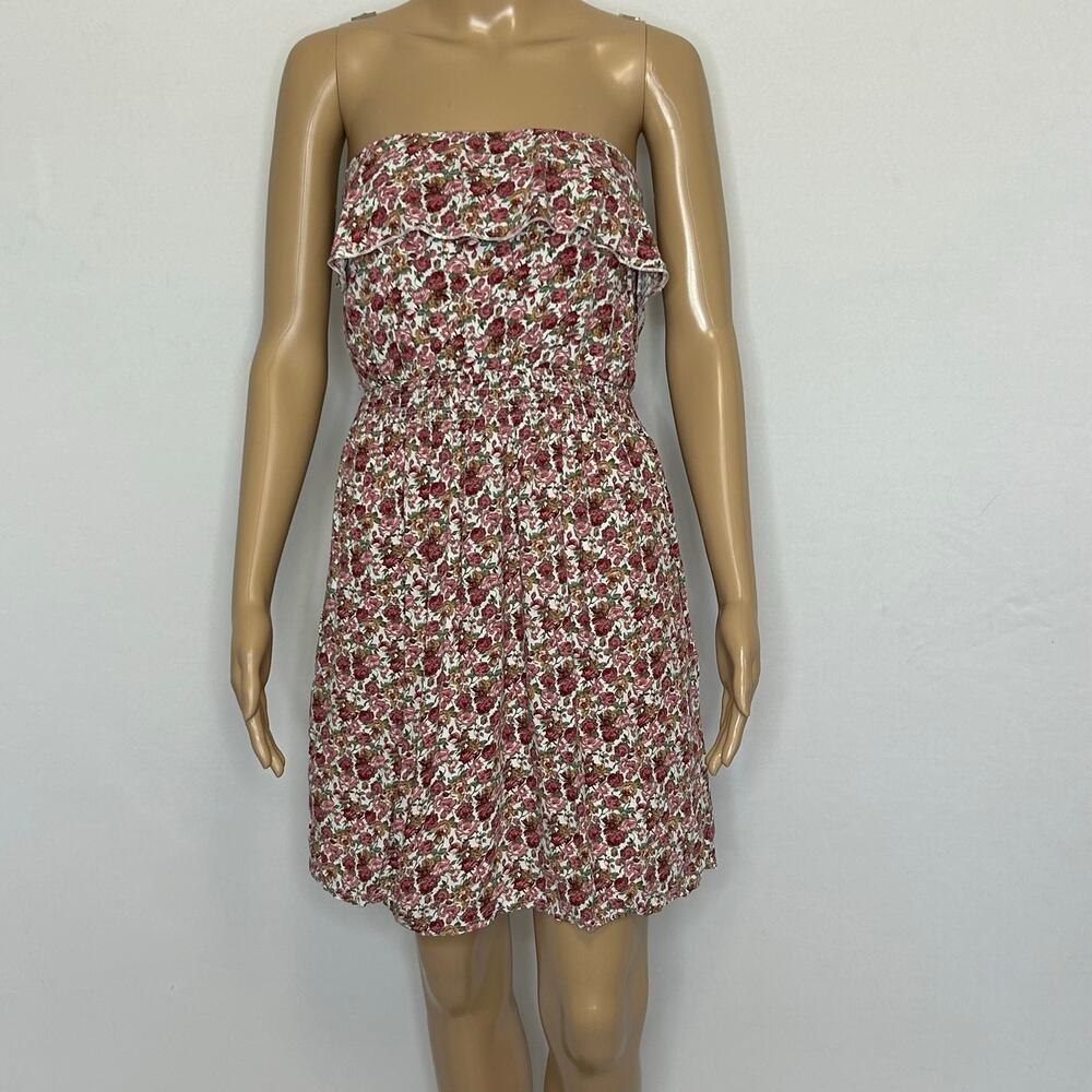 M&Co Women’s Size 10 Floral Strapless Cotton Mini Dress Ruffle Smocked